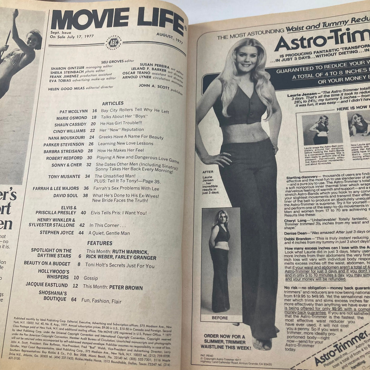 Interior page of VTG Movie Life Magazine August 1977 showcasing features on Hollywood stars, including articles about Farrah Fawcett and others.