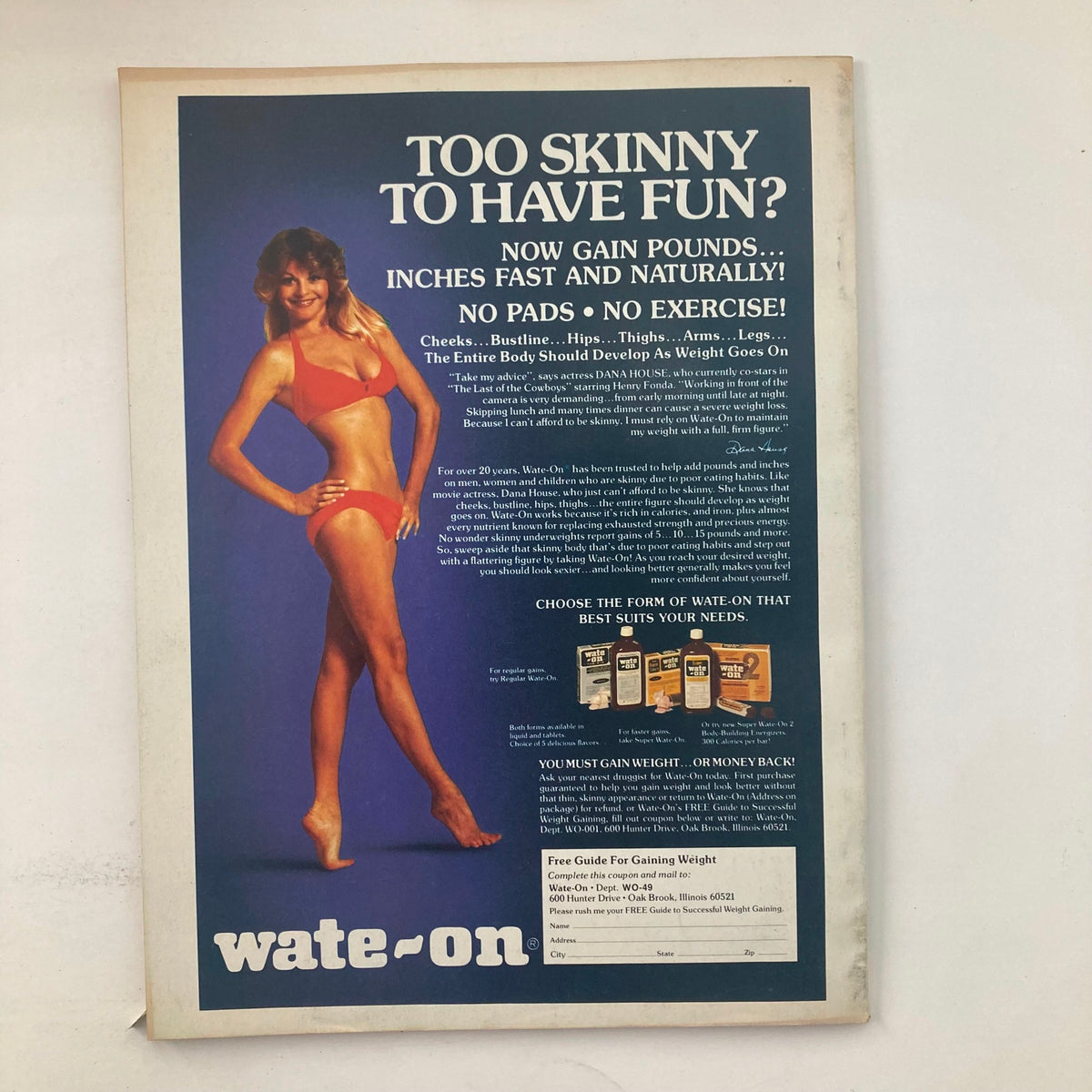Back cover of VTG Movie Life Magazine August 1977 featuring a vintage advertisement for Wate-On, promoting a weight gain product with a model in swimwear. The ad emphasizes gaining weight naturally without exercise, highlighting the product's benefits.