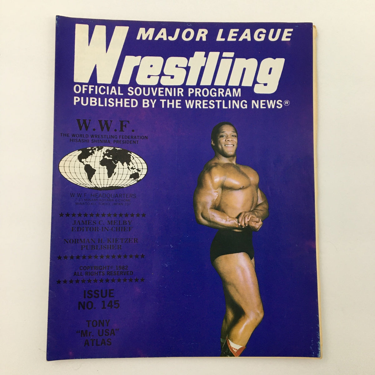 WWF Major League Wrestling Official Souvenir Program #145 featuring Tony 'Mr. USA' Atlas on the cover, capturing the iconic wrestling star in a classic pose.