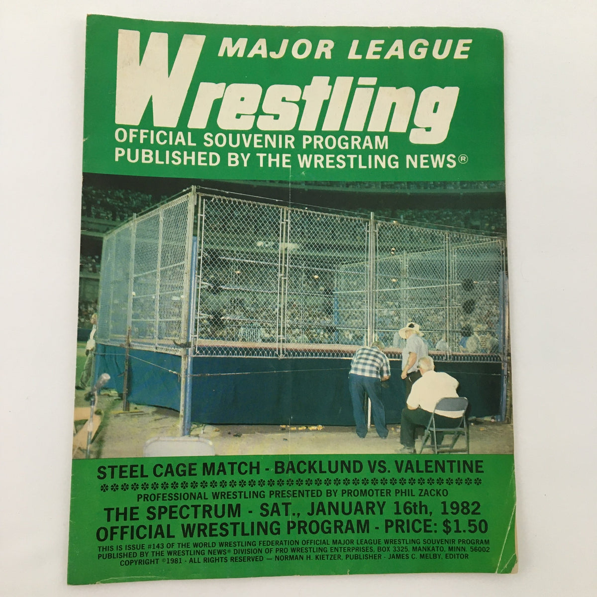 Cover of the Major League Wrestling Official Souvenir Program from January 1982 featuring a steel cage match and the title prominently displayed.