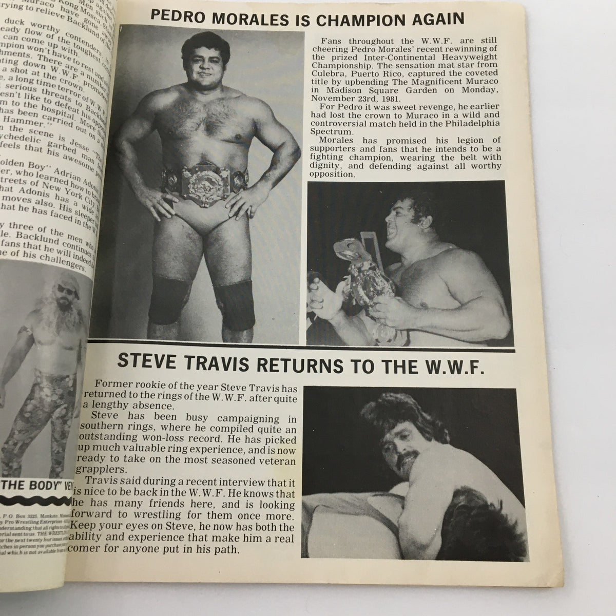Inside page of the Major League Wrestling Official Souvenir Program highlighting Pedro Morales as champion with images and text about his title run.