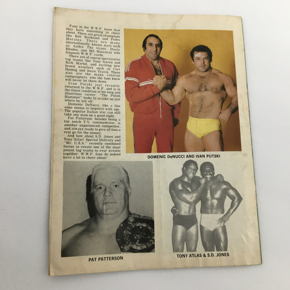 Back cover of the Major League Wrestling Official Souvenir Program showcasing images and text about wrestlers Domenic DeNucci and Ivan Putski, along with Pat Patterson.