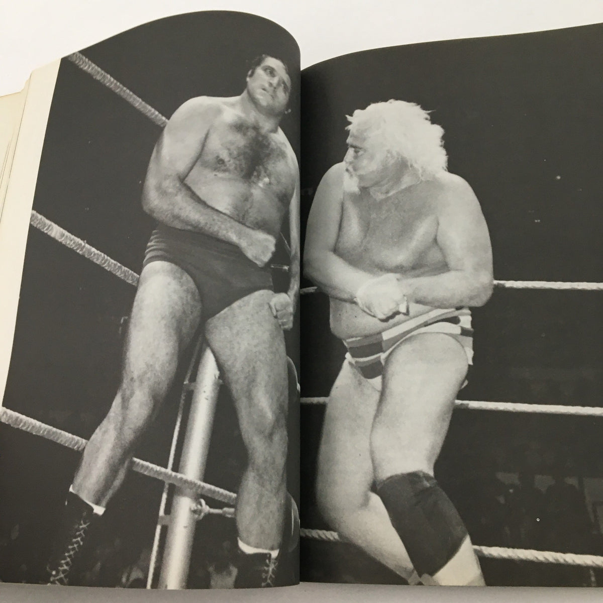 Roberta Morgan Main Event World of Professional Wrestling 1979 showcases iconic wrestlers Andre the Giant and another competitor in a legendary wrestling match.