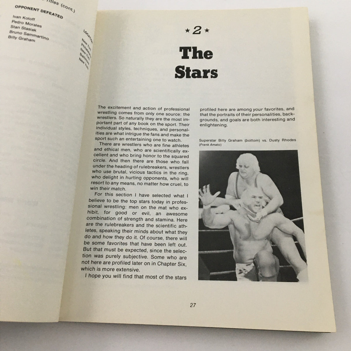 Roberta Morgan Main Event World of Professional Wrestling 1979 presents a section titled 'The Stars', highlighting top wrestlers and their unique qualities in the sport.