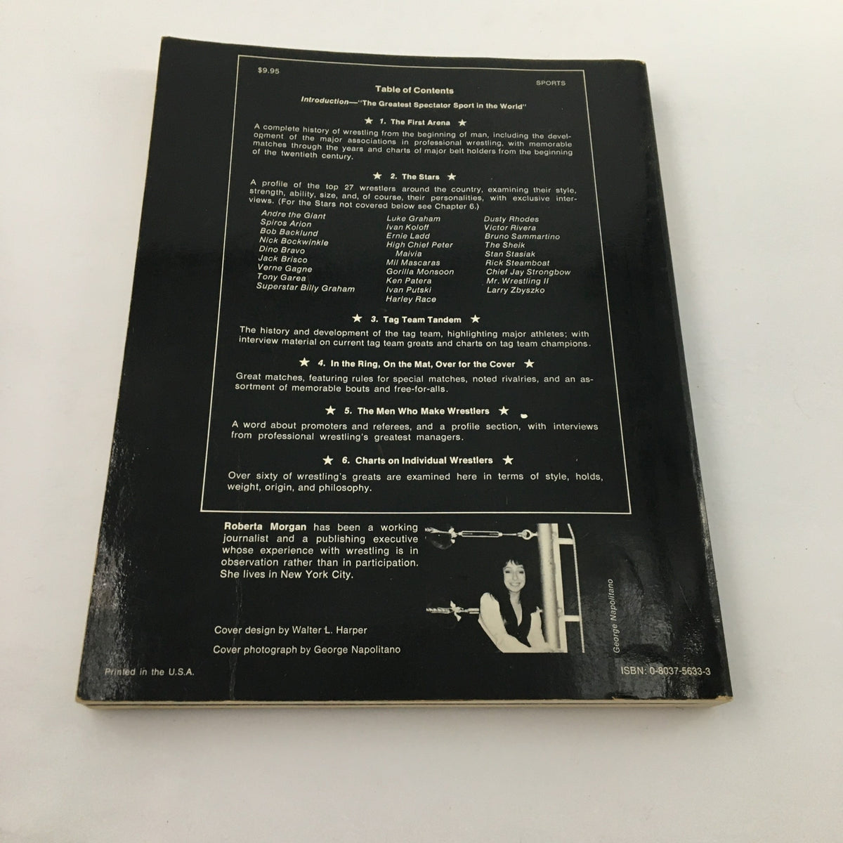 Back cover of the Roberta Morgan Main Event World of Professional Wrestling 1979, featuring a table of contents and details about wrestling history, Andre the Giant, and notable wrestlers.