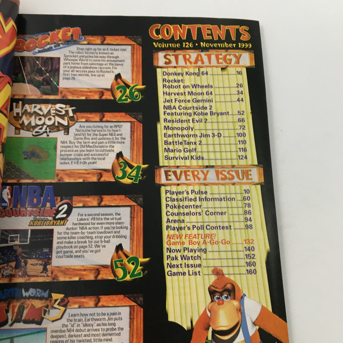 Contents page of Nintendo Power Magazine November 1999 #126, showcasing articles on Donkey Kong 64, Harvest Moon 64, and NBA Courtside 2 featuring Kobe Bryant, a valuable resource for gamers.
