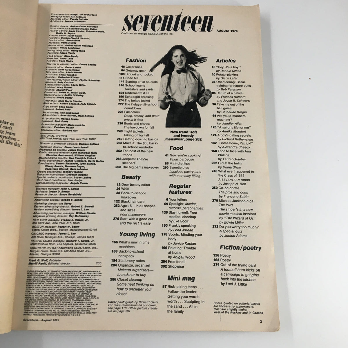 Vintage Seventeen Magazine August 1978 contents page highlighting articles on fashion, beauty, food, and young living, including a section on co-ed dorms pros and cons.