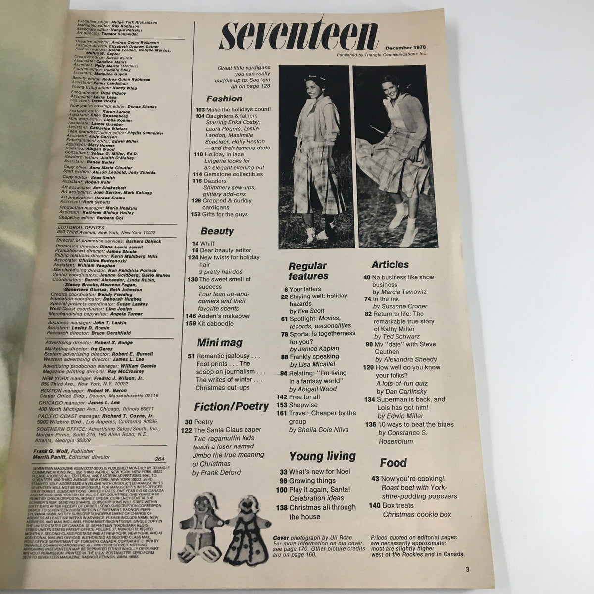 Interior page from the VTG Seventeen Magazine December 1978 displaying the table of contents, featuring articles on fashion, beauty, and lifestyle for a youthful audience.