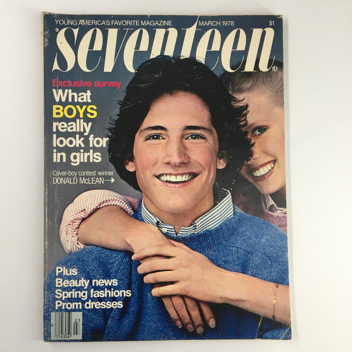 VTG Seventeen Magazine March 1978 with Donald McLean cover, depicting a smiling young man and a girl, highlighting the article 'What Boys Really Look for in Girls'.
