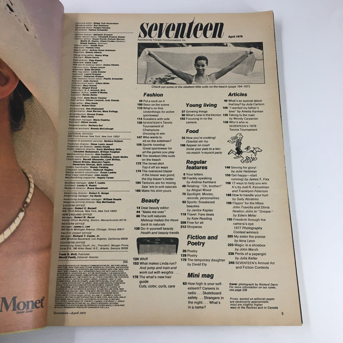 Inside page of VTG Seventeen Magazine April 1978 displaying the contents list, highlighting articles and topics from that era.