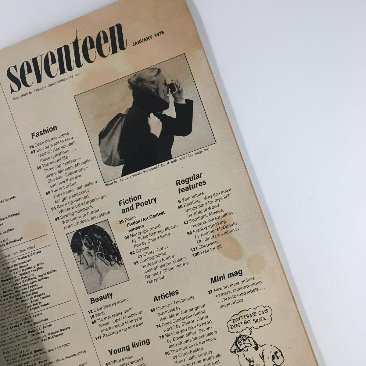 Inside page of VTG Seventeen Magazine January 1978 showcasing the contents including Fashion, Fiction, Poetry, and articles with a vintage aesthetic. This issue discusses beauty standards, and is connected to the topic of plastic surgery featured in the magazine.