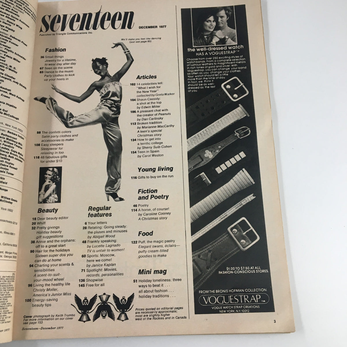 Inside page of VTG Seventeen Magazine December 1977, showcasing the table of contents with sections on fashion, beauty, and articles, reflecting the popular themes for teenage girls during the late 1970s.