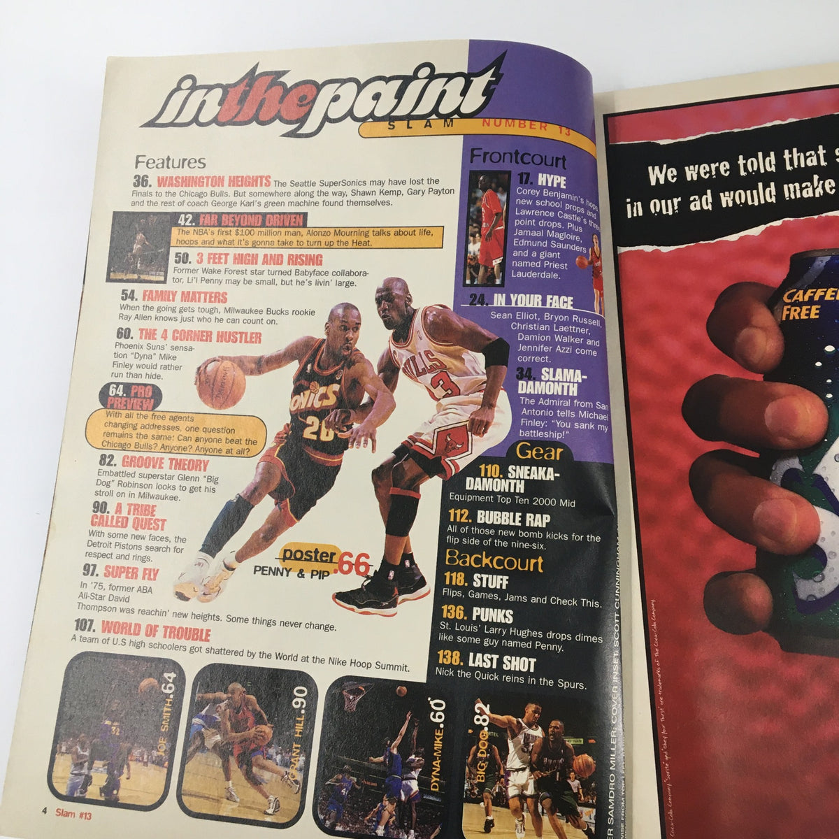 Another interior page of Slam Magazine October 1996 displaying various features, including articles on NBA players, game strategies, and a poster of Penny Hardaway and Pip. This page reflects the magazine's comprehensive coverage of basketball.