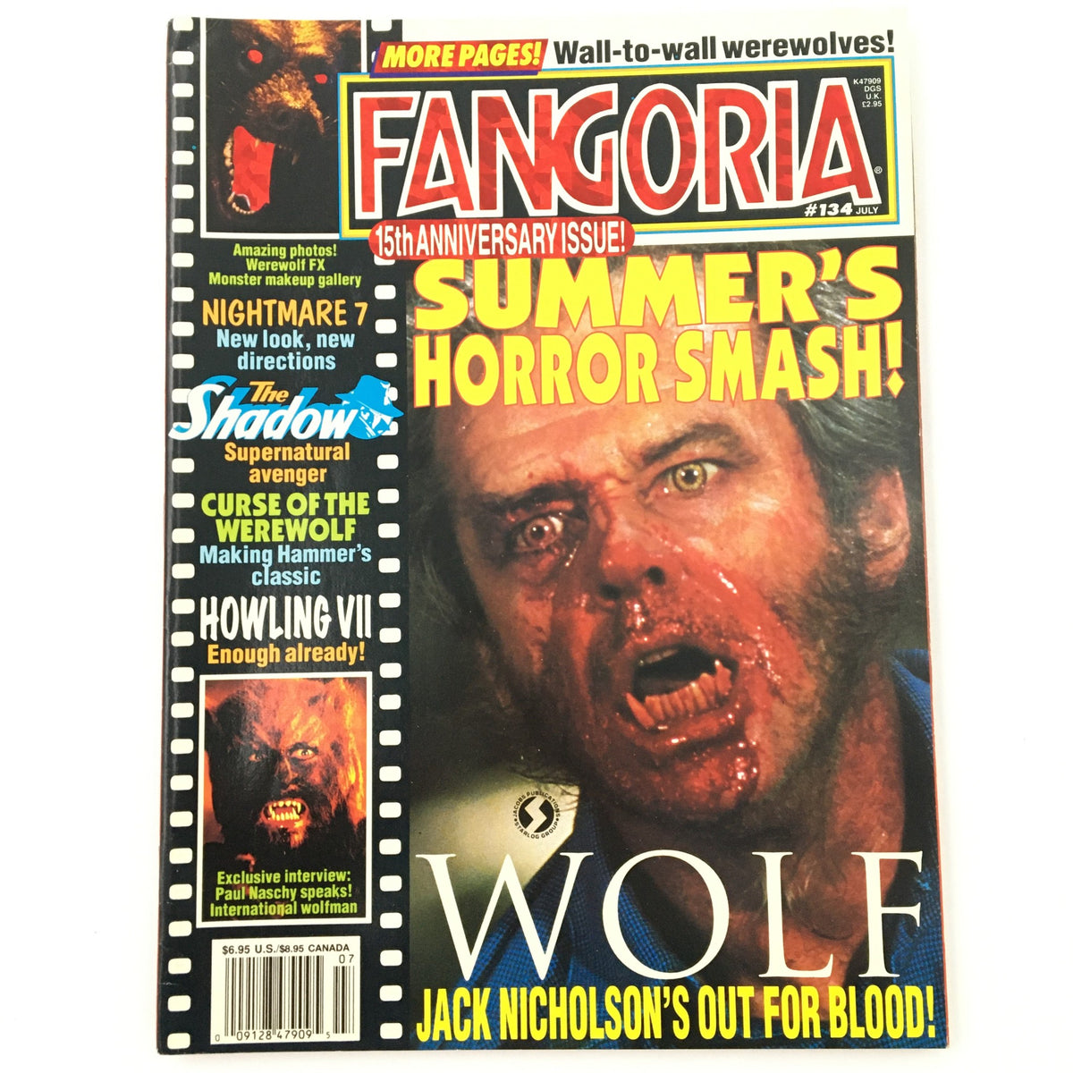 Fangoria Magazine July 1994 #134 featuring Jack Nicholson in Wolf on the cover, highlighting the horror genre with a striking visual, ideal for collectors.