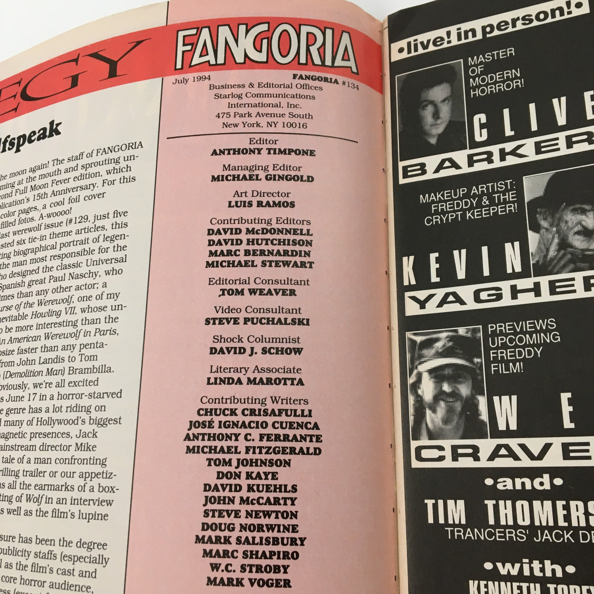 Inside page of Fangoria Magazine July 1994 #134 displaying editorial credits and contributors, showcasing the magazine's role in horror film history.