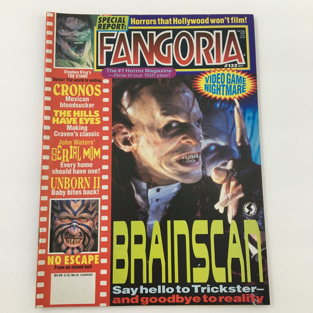 Fangoria Magazine May 1994 Issue, featuring cover art with a horror theme, highlighting articles on 'Brainscan' and iconic personalities in horror cinema, including Stephen King.