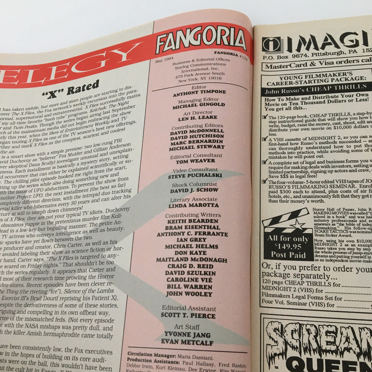 Inside page of Fangoria Magazine May 1994 Issue, showcasing editorial content and contributors in the horror genre, reflecting on pop culture in the 1990s.