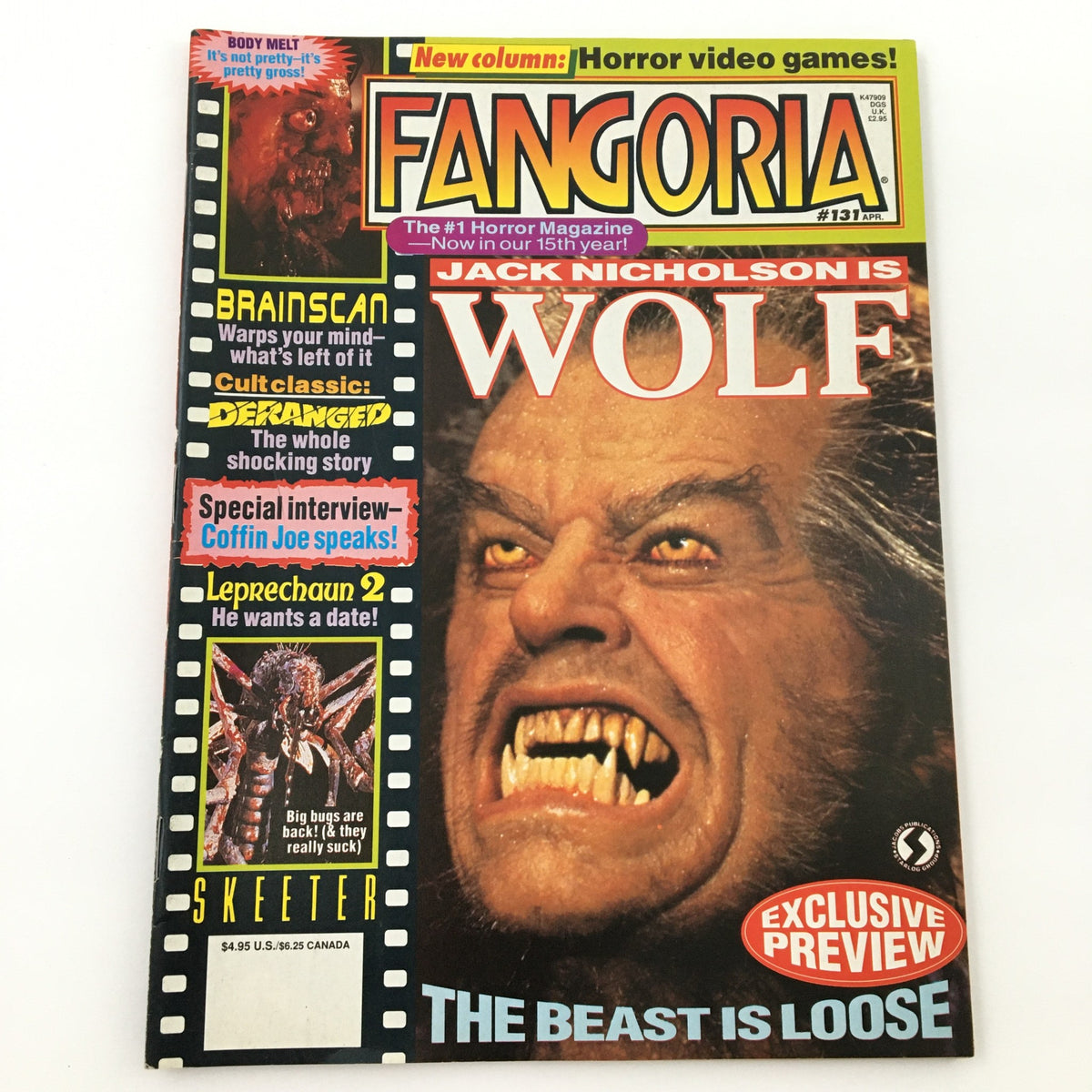Fangoria Magazine April 1994 #131 cover featuring Jack Nicholson as Wolf, highlighting horror film content and interviews with Edward Furlong and Coffin Joe.