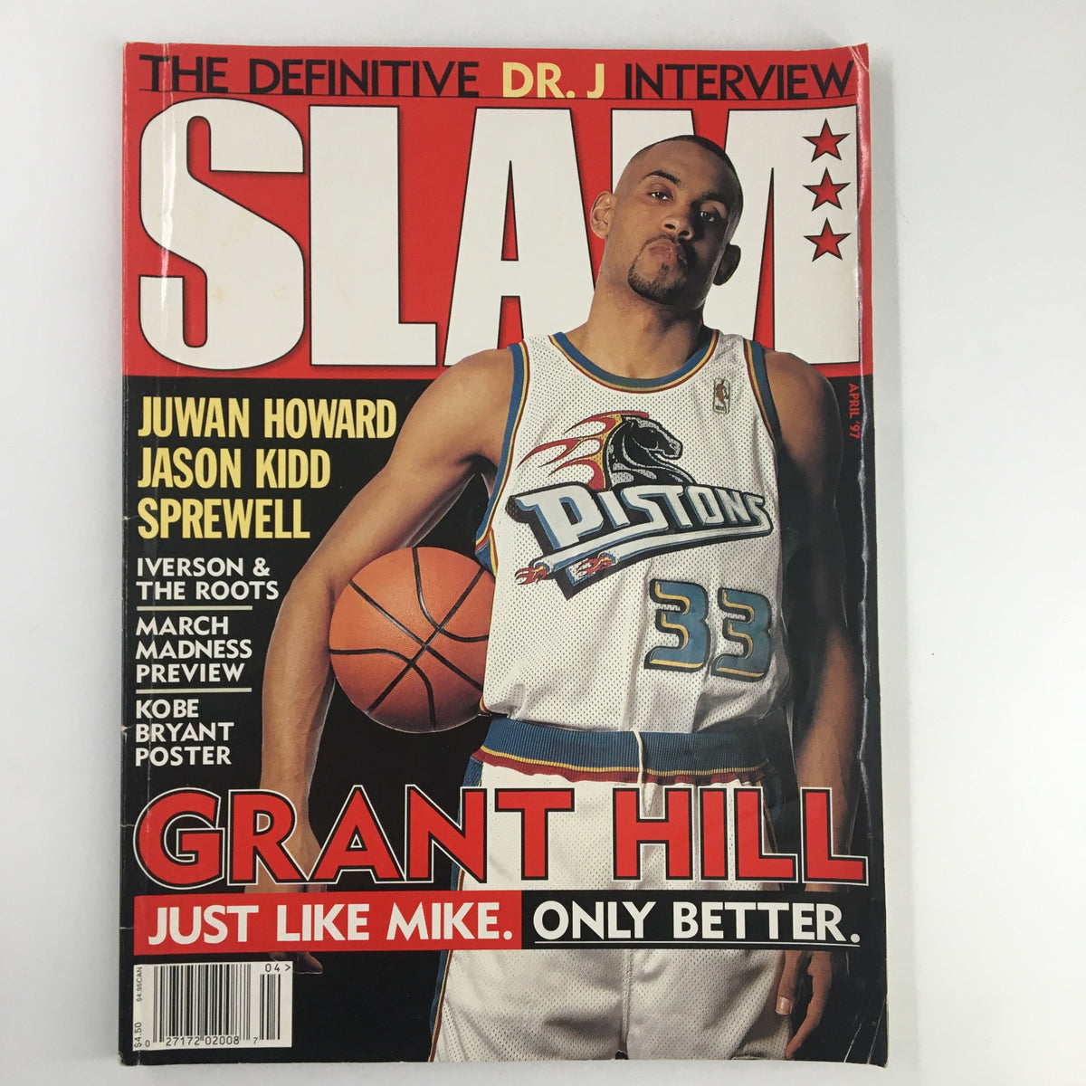 Cover of Slam Magazine, April 1997, featuring Grant Hill with the headline 'Just Like Mike, Only Better,' no label