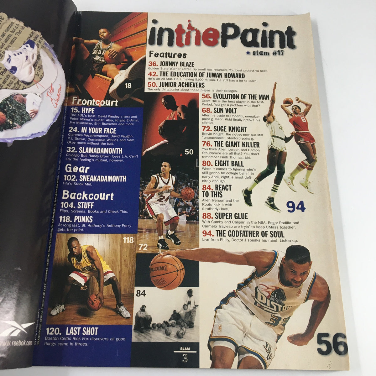 Inside page of Slam Magazine April 1997 featuring various articles, including 'In the Paint', showcasing basketball culture and highlighting players. Includes sections like Frontcourt, Gear, and Backcourt.