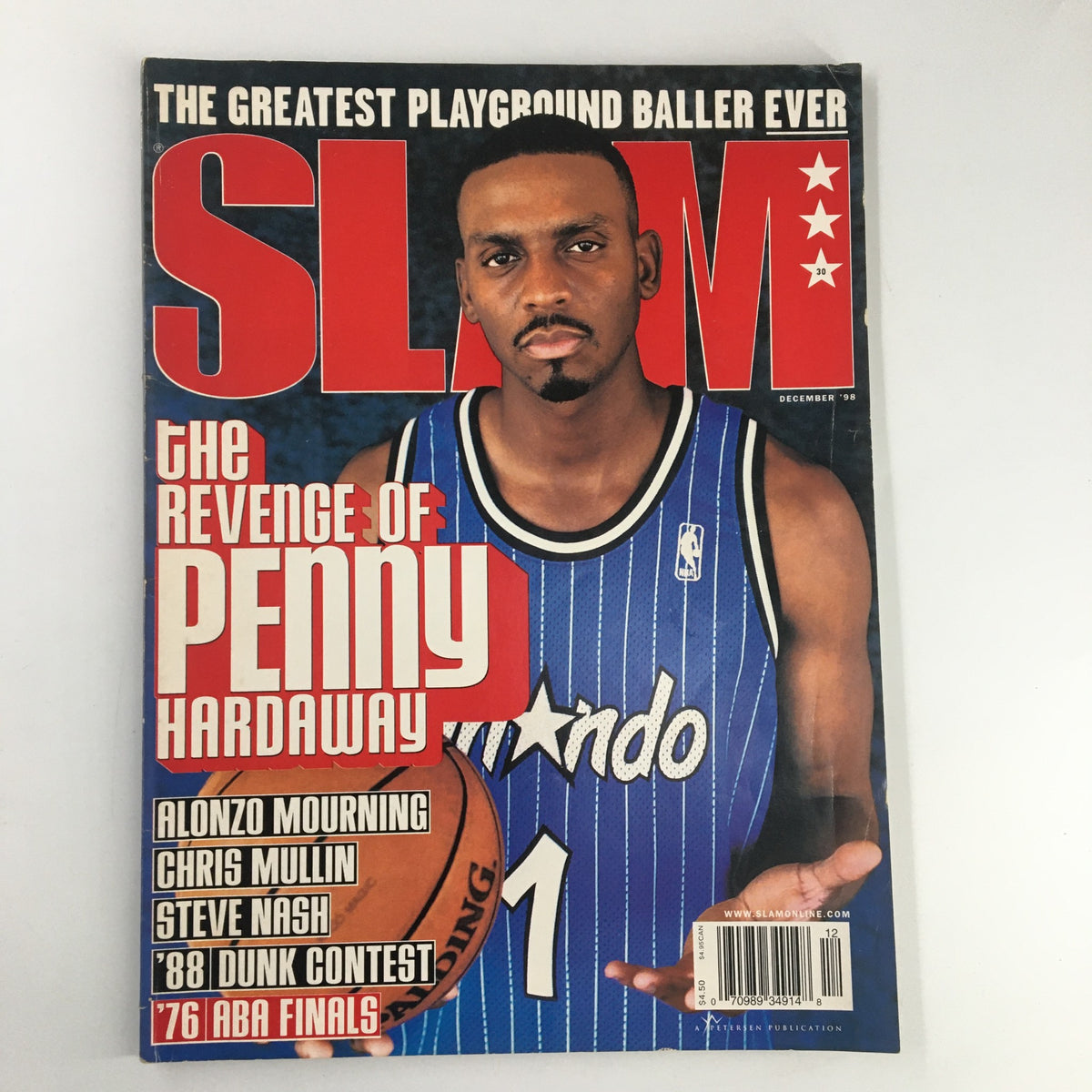 Slam Magazine December 1998 cover featuring Penny Hardaway in a blue Orlando Magic jersey, highlighting 'The Revenge of Penny Hardaway' with notable players listed including Chris Mullin and Steve Nash.