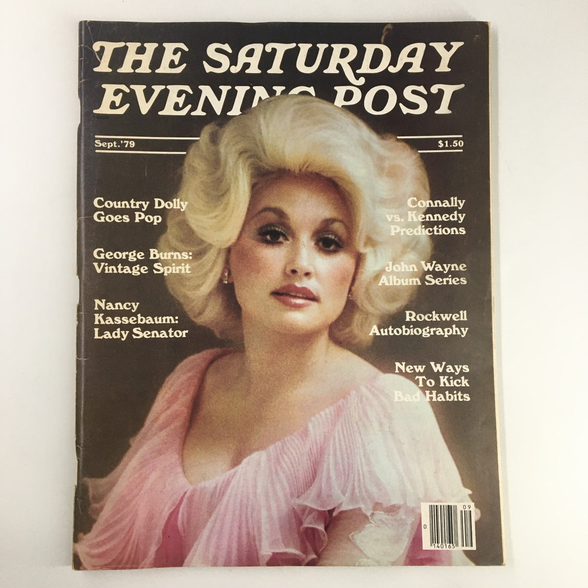 Cover of The Saturday Evening Post from September 1979 featuring the article 'Country Dolly Goes Pop' showcasing a woman with voluminous blonde hair in a pink dress, alongside other articles including George Burns and Nancy Kassebaum.