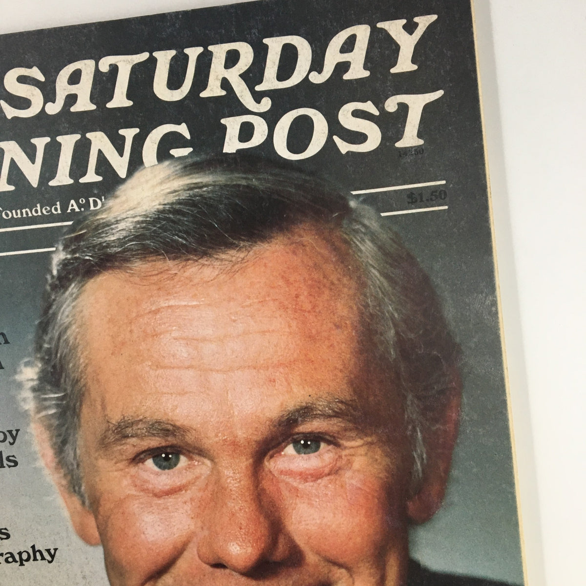 Detailed view of Johnny Carson's face on the cover of The Saturday Evening Post June 1979, showcasing the magazine's title and the article 'Pete Martin Calls on Johnny Carson'.