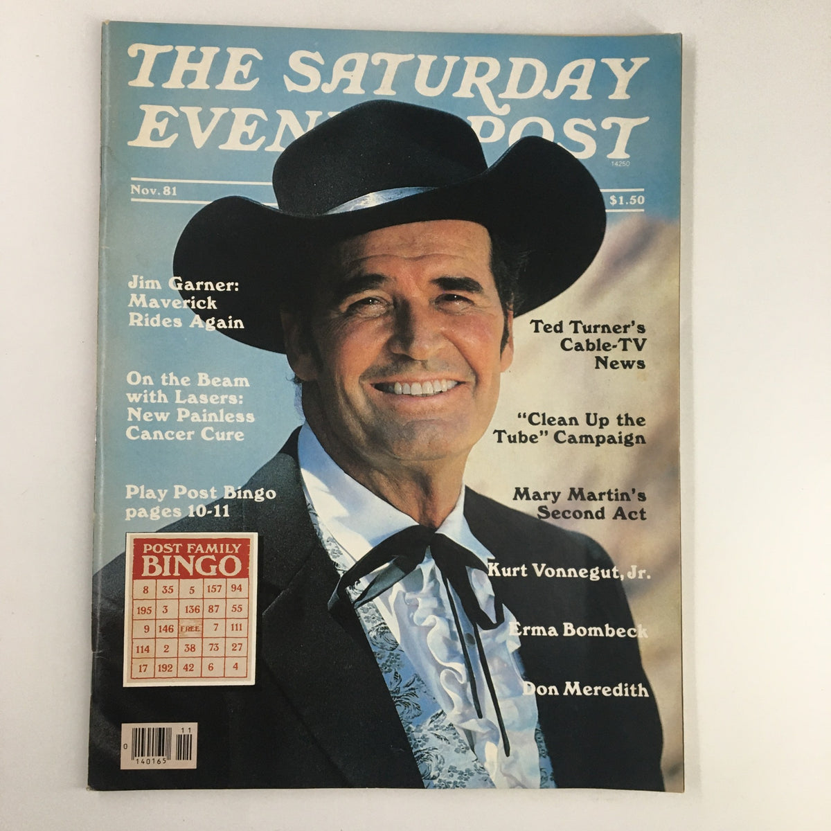 Cover of The Saturday Evening Post November 1981 featuring Jim Garner in a cowboy hat under the title 'Jim Garner: Maverick Rides Again'. This vintage magazine showcases the charm of the early 1980s with nostalgic articles and prominent cultural commentary.