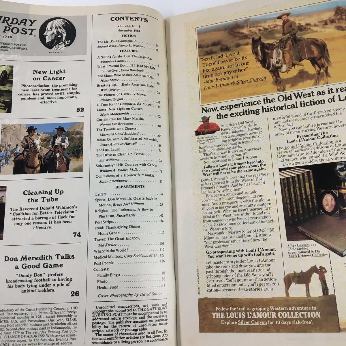 Contents page of The Saturday Evening Post November 1981, highlighting articles including features on Jim Garner and topics like cancer treatment and entertainment. This magazine reflects the cultural landscape of the early 1980s.