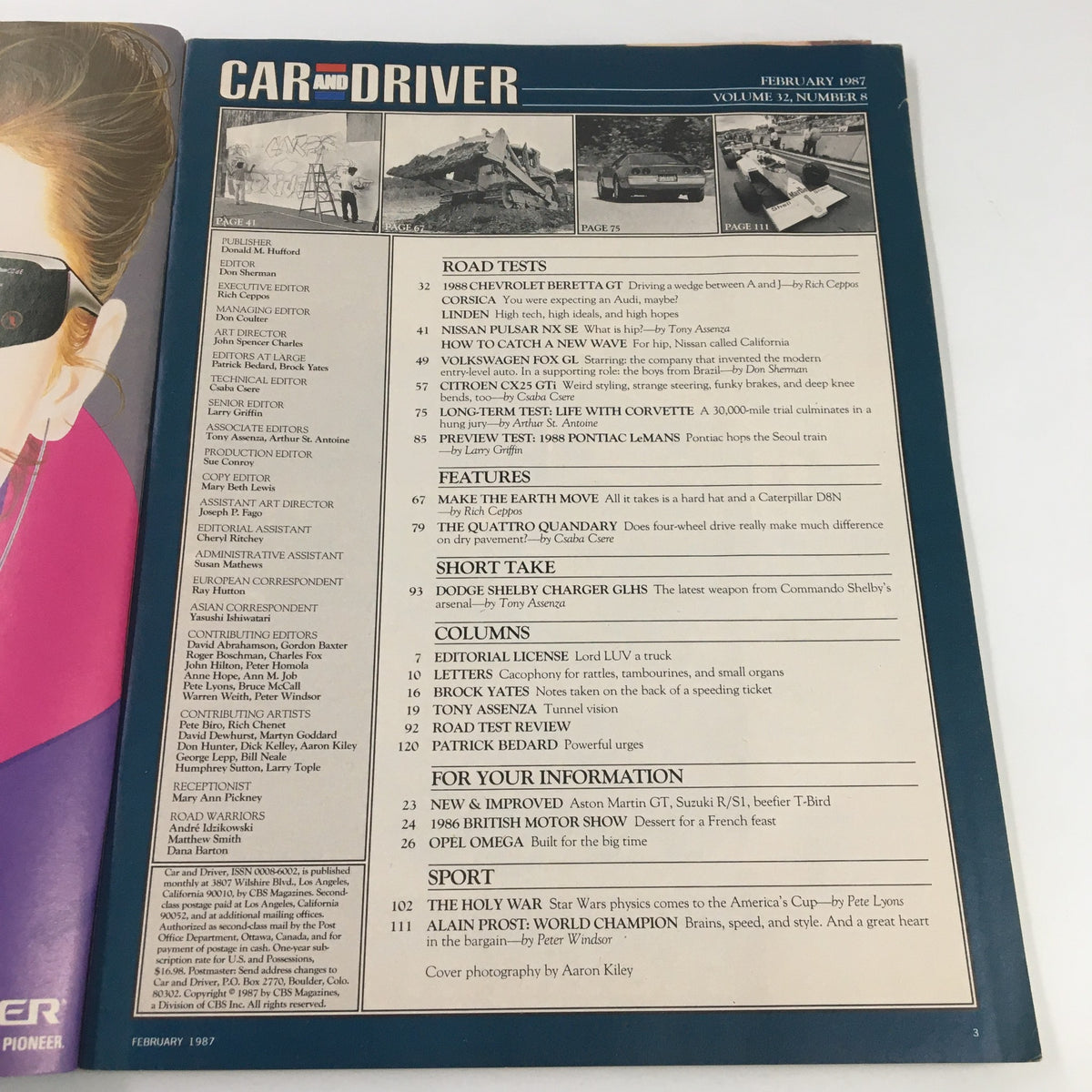 Inside spread of Car and Driver Magazine February 1987 displaying the table of contents, featuring articles on Chevrolet Beretta GT, Nissan Pulsar, and automotive industry insights from the late 1980s.
