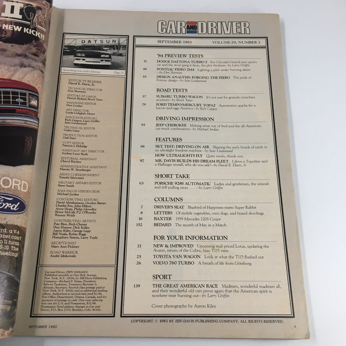 Table of contents from Car and Driver Magazine September 1983, showcasing featured articles including the Dodge Daytona Turbo Z and previews of upcoming car tests.