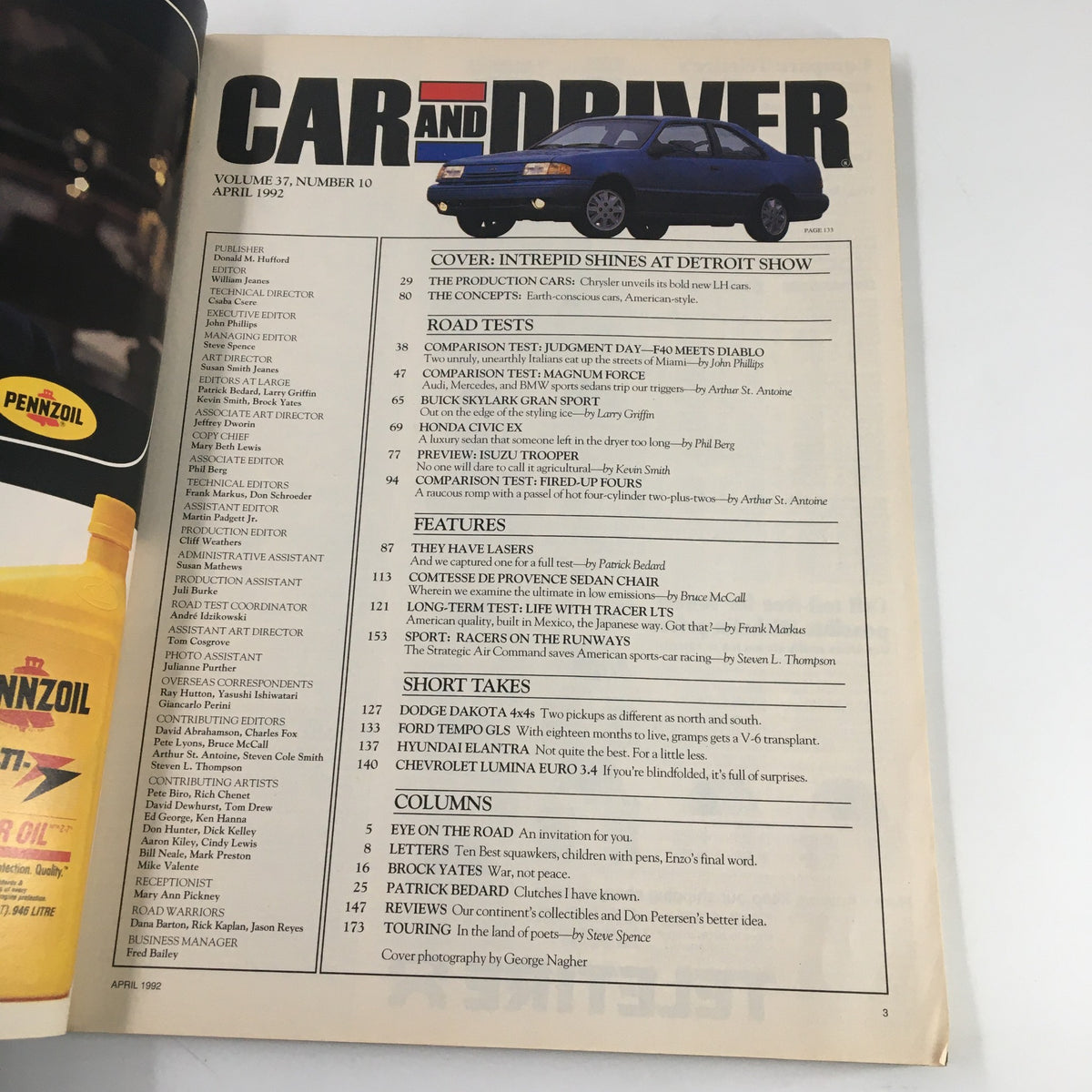 Interior page of Car and Driver Magazine, April 1992, showcasing contents including 'Cover: Intrepid Shines at Detroit Show' and articles related to automotive trends.