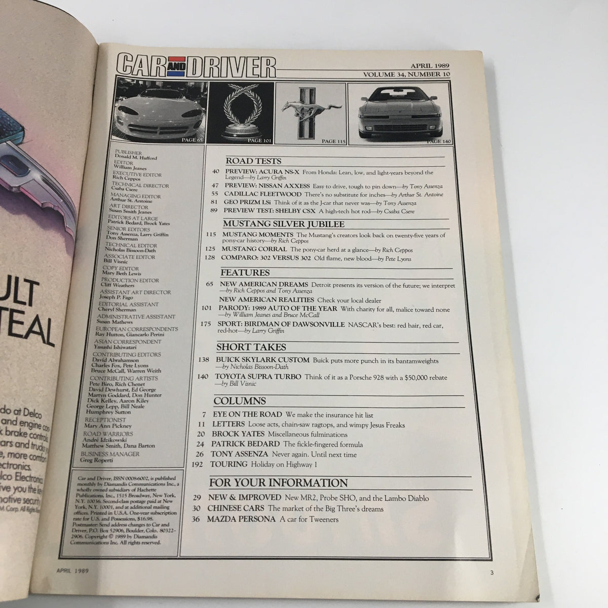 Table of contents from Car and Driver Magazine April 1989, showcasing articles about various automobiles including previews of Acura NSX and Nissan Axxess.