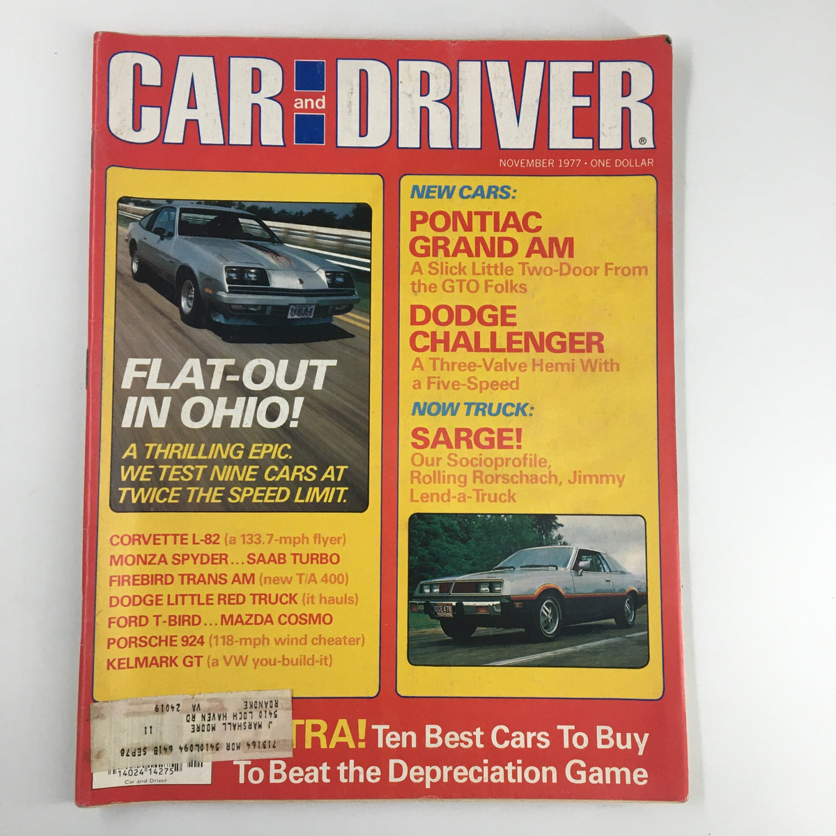 Car and Driver Magazine November 1977 Pontiac Grand Am and Dodge Challenger