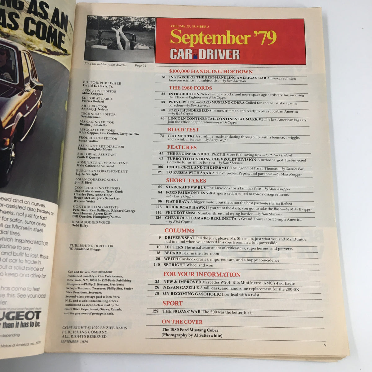 September 1979 Car and Driver Magazine featuring the table of contents, showcasing articles about the 1980 Ford Mustang Cobra and other automotive topics, a collectible piece of automotive history.