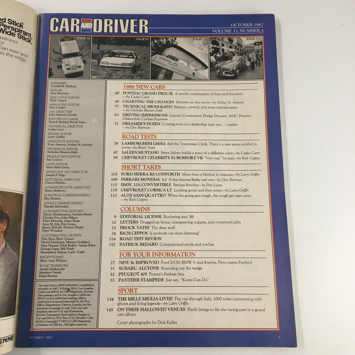 Car and Driver Magazine October 1987 cover featuring the 1988 Pontiac Grand Prix SE and a list of articles including road tests and new cars.