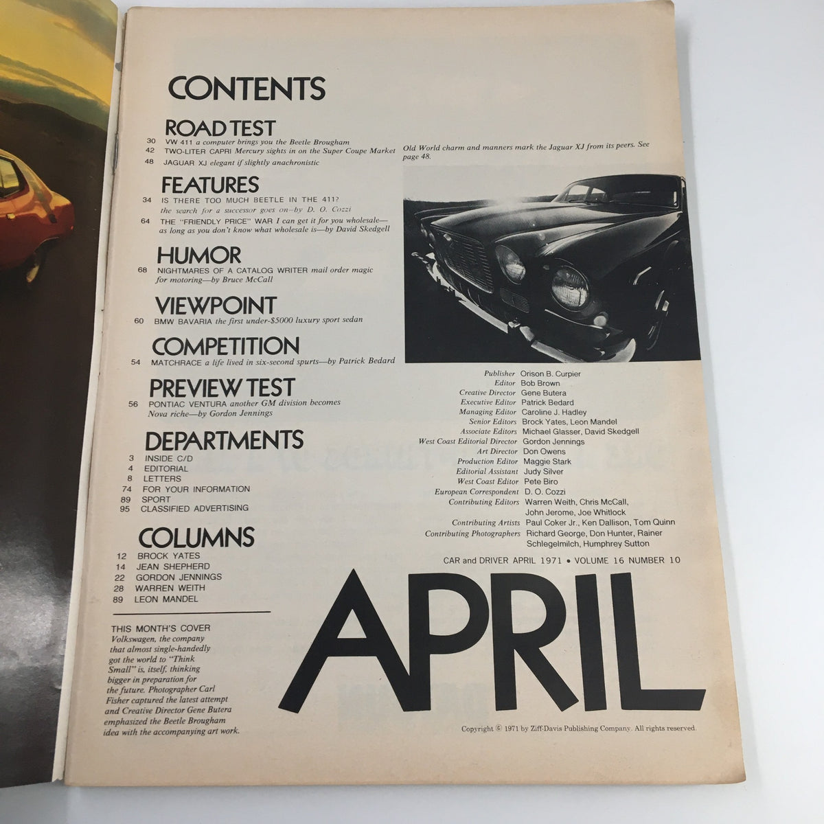 Contents page of Car and Driver Magazine, April 1971, detailing features, road tests, and columns, with a bold 'APRIL' header and an image of a classic black car.