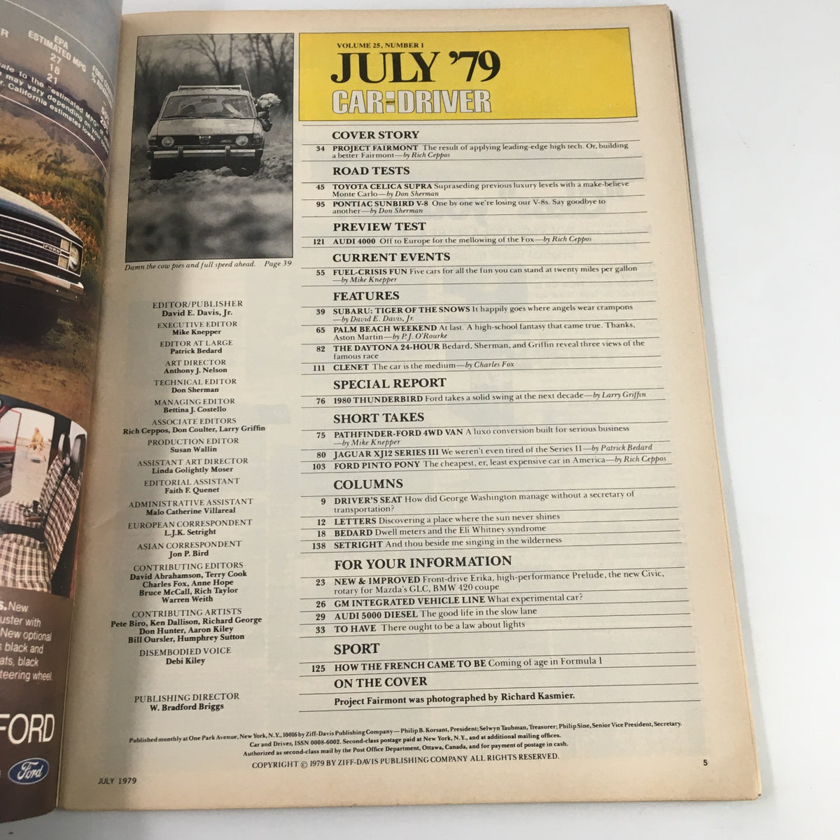 Inside page of Car and Driver Magazine July 1979, listing features and articles, including road tests and special reports on vehicles like the Honda Prelude and Mazda 626.