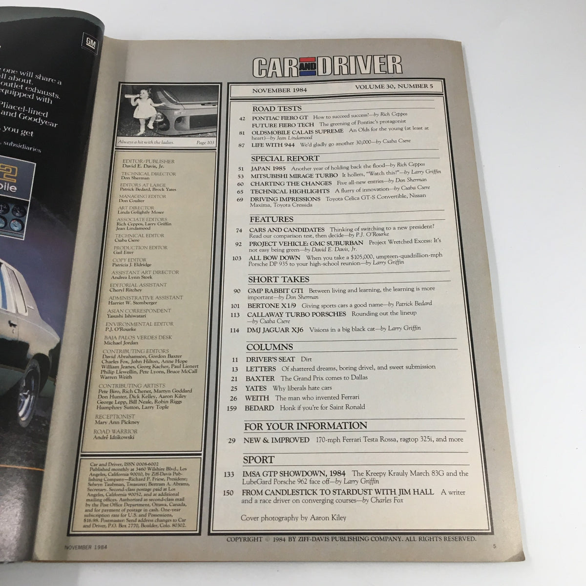 Inside page of Car and Driver Magazine November 1984 displaying the table of contents for articles including the Pontiac Fiero GT V-6 review.