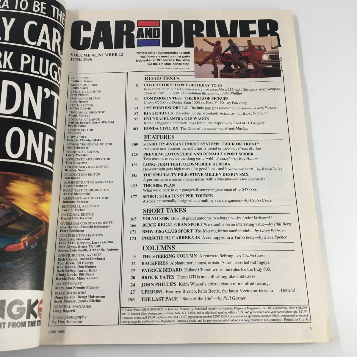 Inside spread of Car and Driver Magazine June 1996 showing the table of contents and featured articles including classic car reviews and road tests.