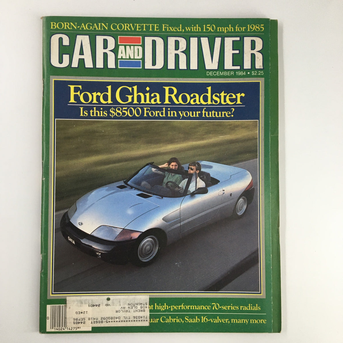 Car and Driver Magazine December 1984 featuring the Ford Ghia Roadster. Cover image shows the Ghia Roadster with two passengers, highlighting its sleek design and asking if this $8500 Ford is in your future.