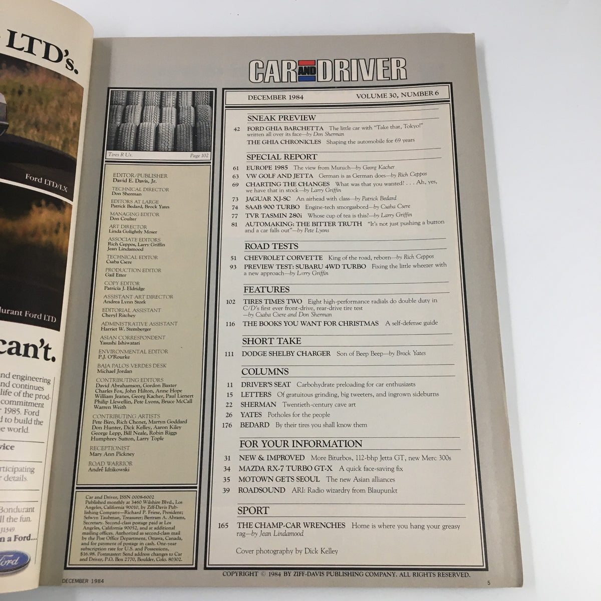 Contents page of Car and Driver Magazine December 1984 featuring articles about the Ford Ghia Roadster, special reports, road tests, and automotive features.