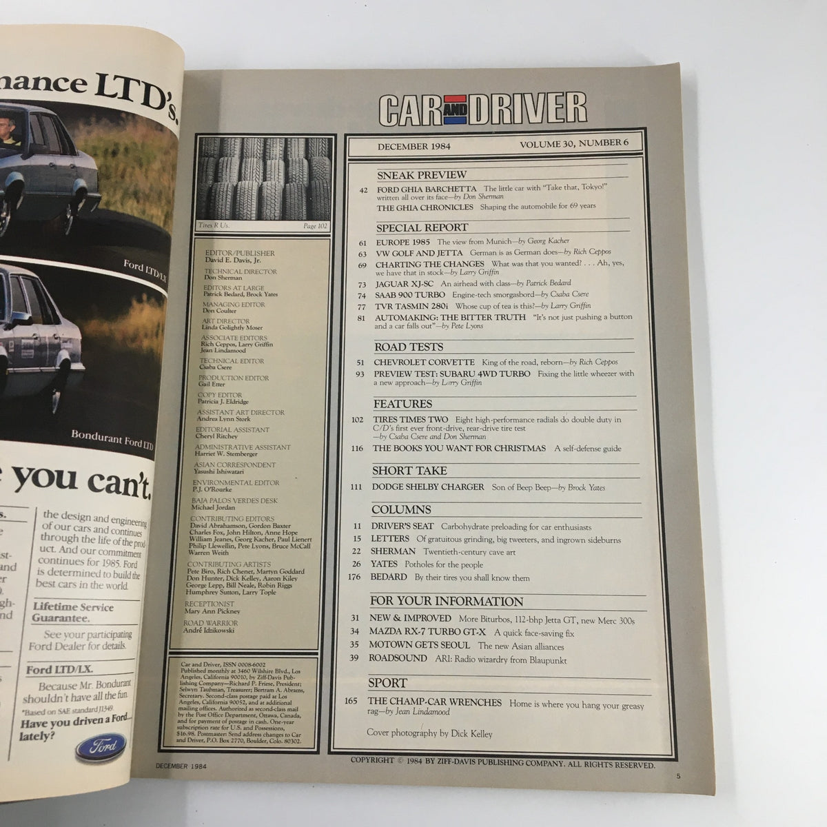 Interior page of Car and Driver Magazine December 1984, showing articles and features, including 'Born-Again Corvette Fixed with 150 mph'.