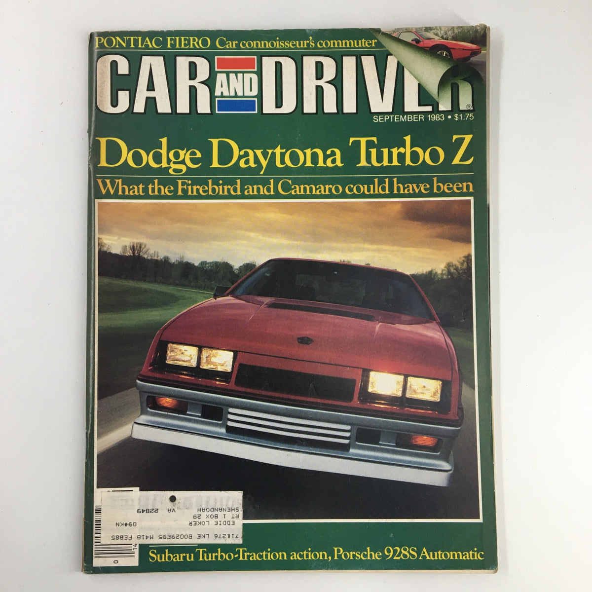 Cover of Car and Driver Magazine, September 1983, featuring the Dodge Daytona Turbo Z with a scenic background, highlighting the magazine's focus on high-performance cars.