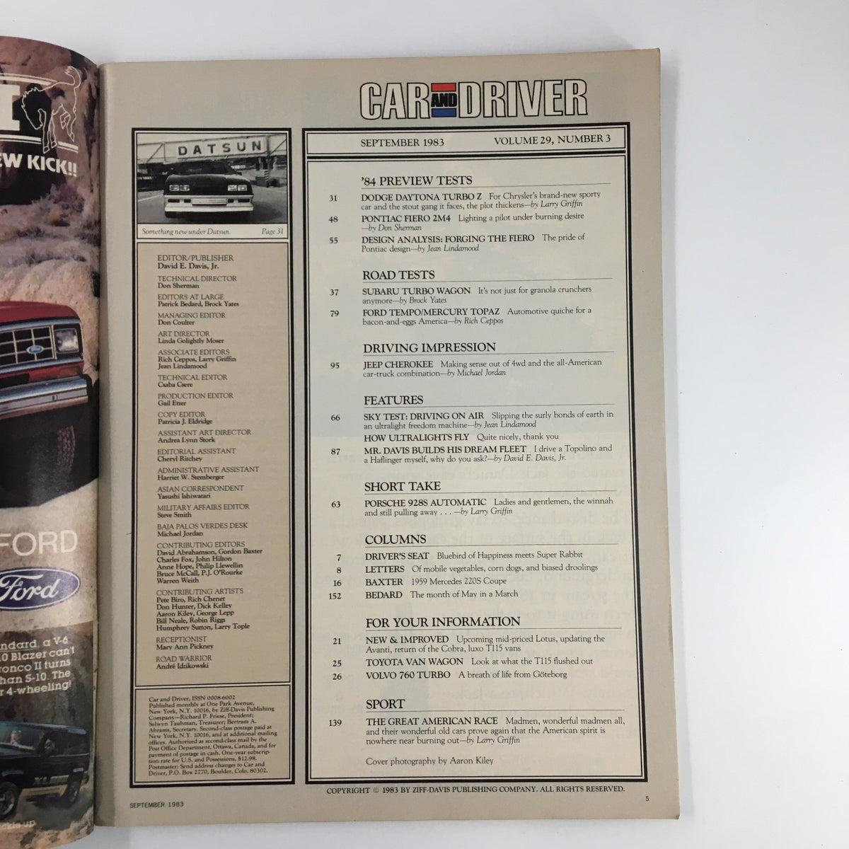 Table of contents from Car and Driver Magazine, September 1983, detailing articles including previews of the Dodge Daytona Turbo Z and Porsche 928S Automatic.
