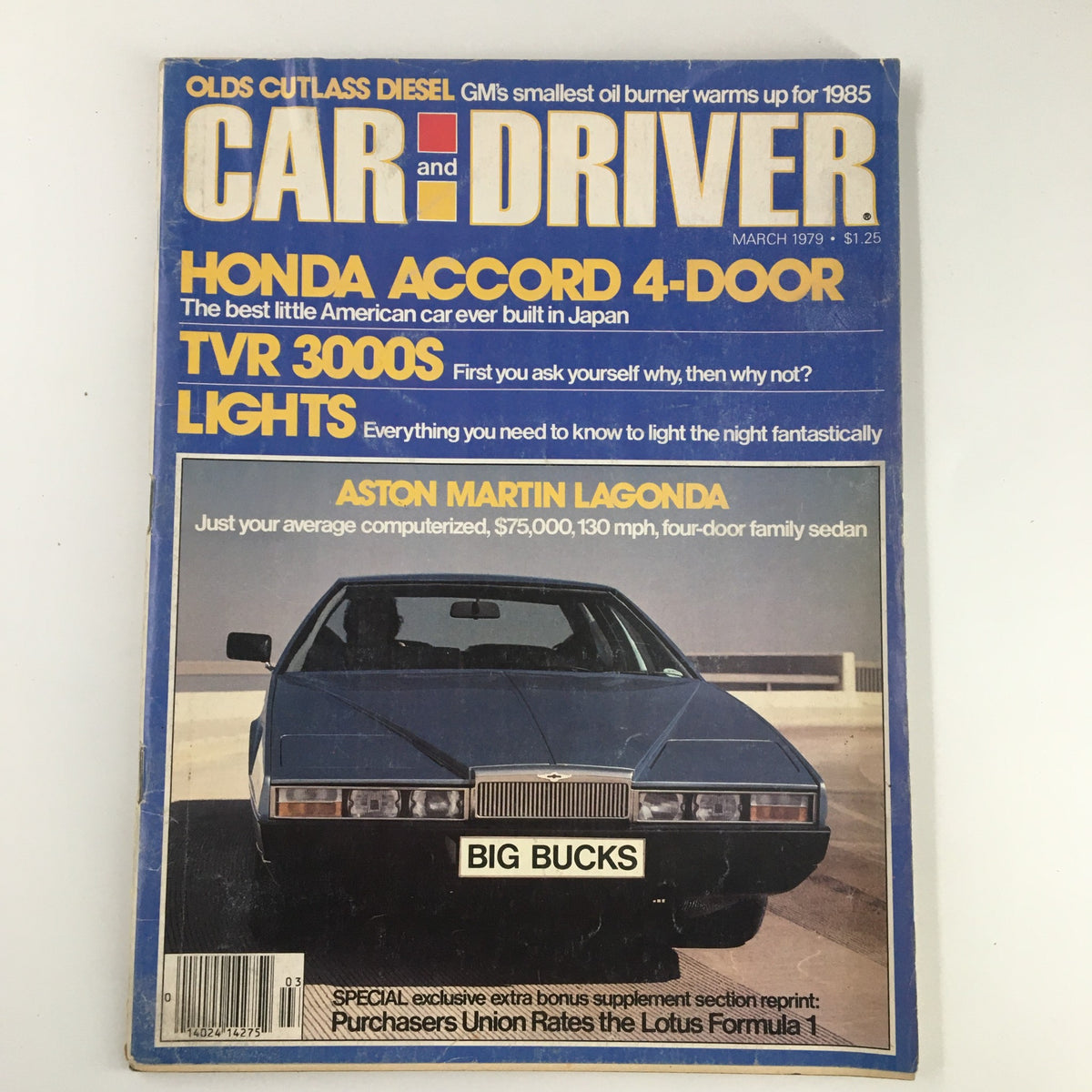Cover of Car and Driver Magazine March 1979 featuring the Aston Martin Lagonda and Honda Accord 4-Door, highlighting automotive design and technology of the late 1970s.