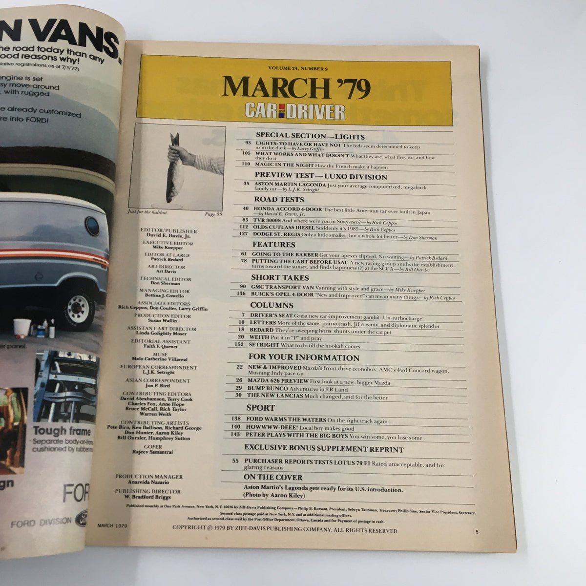 Interior page of Car and Driver Magazine March 1979 showcasing the table of contents, featuring articles on Aston Martin Lagonda and Honda Accord, highlighting key sections such as road tests and columns.