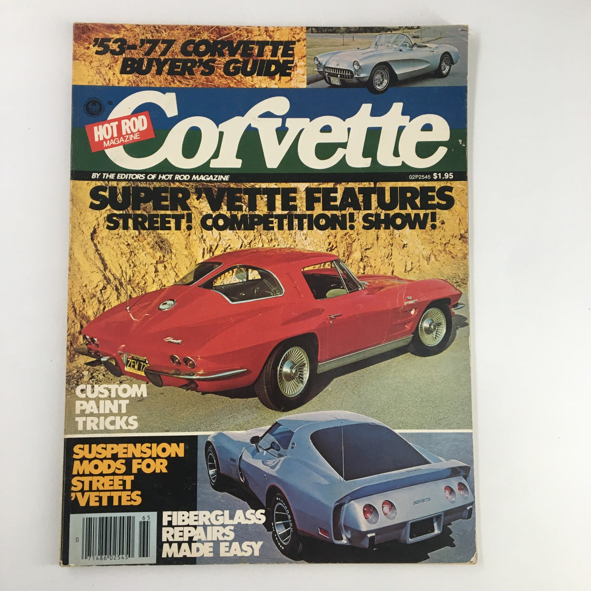 Cover of Hot Rod's Corvette Magazine 1977 featuring suspension modifications for street 'Vettes, showcasing vintage cars, colorful graphics, and highlights on custom paint, fiberglass repairs, and performance enhancements.