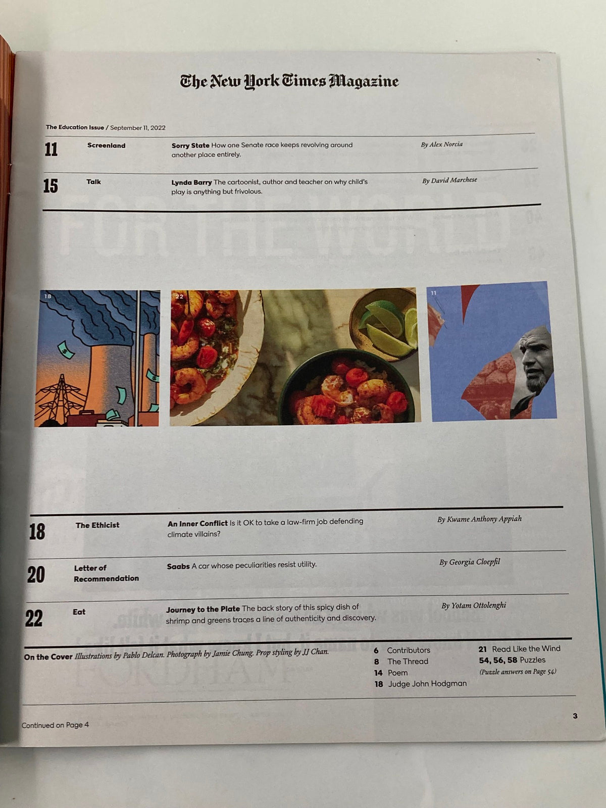 Table of contents from The New York Times Magazine September 11, 2022, detailing articles such as 'The Ethicist' and 'Journey to the White House', highlighting critical discussions on media and society.