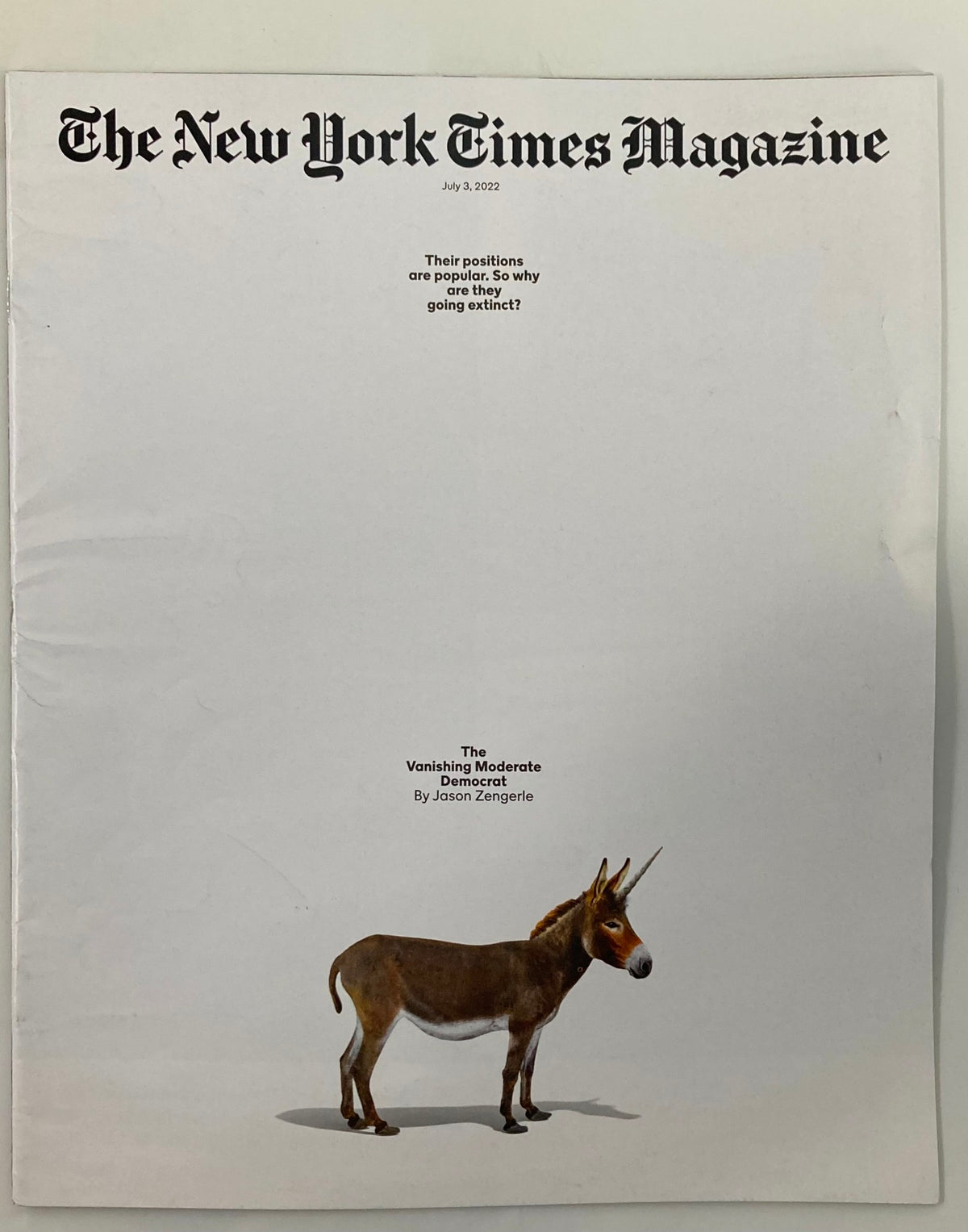 Cover of The New York Times Magazine July 3, 2022, featuring the article 'Vanishing Moderate Democrat' with an artistic representation of a donkey, symbolizing the moderate Democrat in contemporary politics.